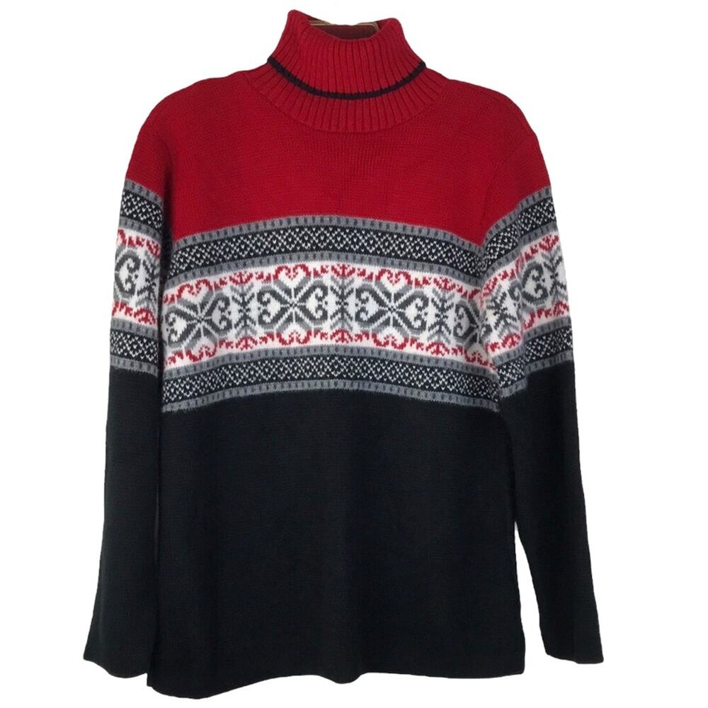Vintage Private Eyes Turtleneck Fair Isle Knit Sweater Hearts Red Black Medium